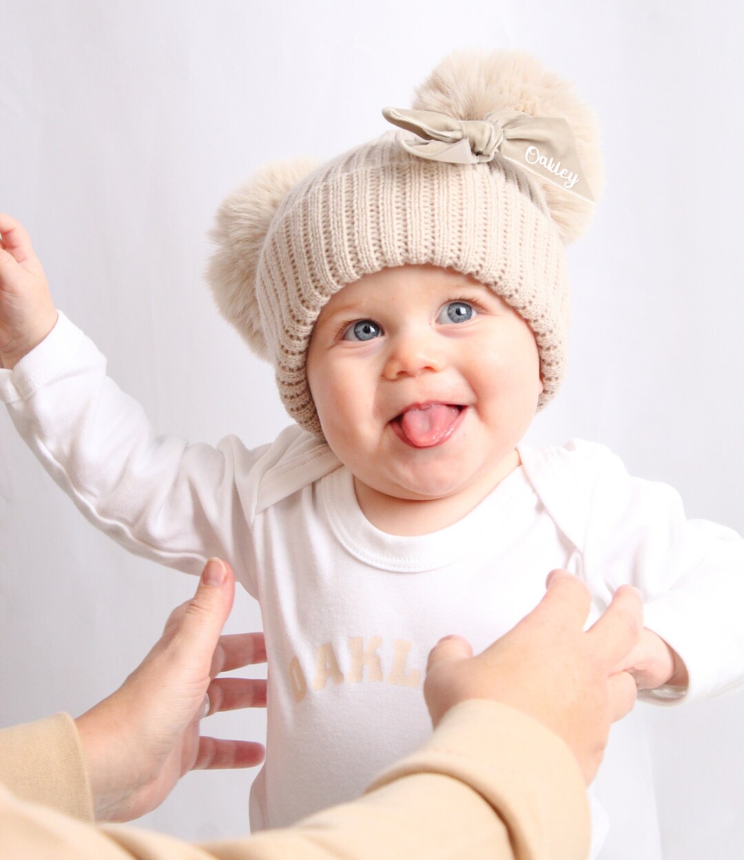 Luxury Double Fluffy Pompom First Size Baby Hat, Pink, White Or Blue