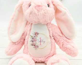 Personalised Boho Wreath Bunny First Birthday Bunny/Teddy l Announcement I am One 1st Bday Gift l New Baby Gift l Baby Girl Gift Pink Teddy