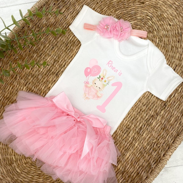 Personalised Ballerina Bunny Number 1st Birthday Vest and Pink Tutu Set & Headband (One Today First Birthday Party Photo Girl Girls)