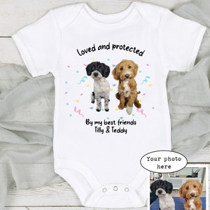 Personalised Loved and Protected By Dogs 140 Dog Types Babygrow Sleepsuit Vest Bodysuit New Baby Boy Gift Gift New Baby Dog Owner My Own Photo