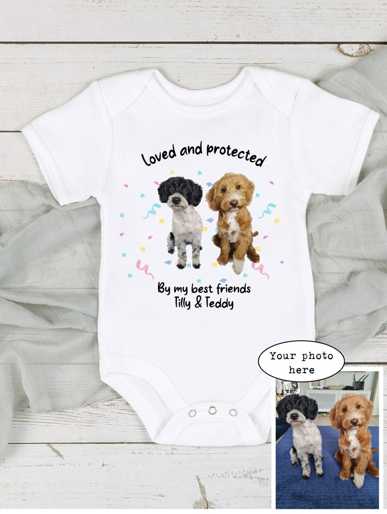 Personalised Loved and Protected By Dogs 140 Dog Types Babygrow Sleepsuit Vest Bodysuit New Baby Boy Gift Gift New Baby Dog Owner My Own Photo