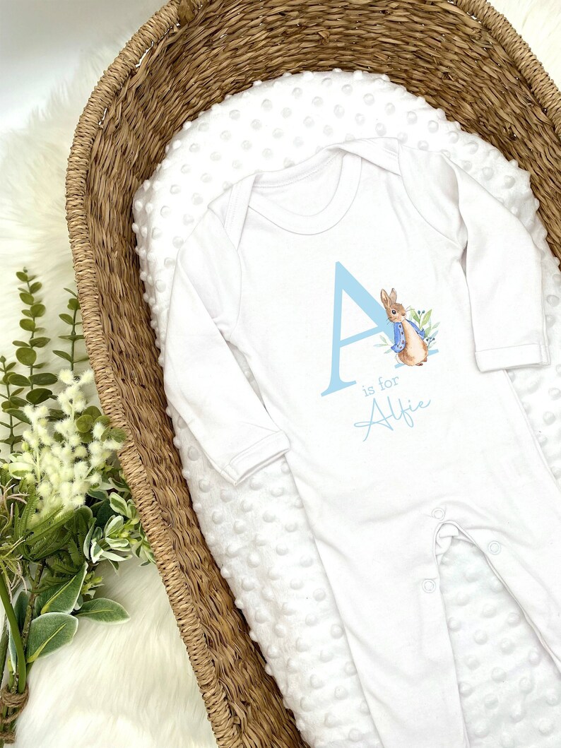 Personalised Blue Rabbit Blue Initial (Babygrow Sleepsuit Vest Bodysuit |  New Baby Boy Gift | Coming Home Hospital Gift | New Baby) 