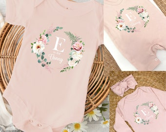 Personalised Pink Floral Wreath Initial Babygrow or Baby Vest Sleepsuit | New Baby Girl Gift | Coming Home Gift Newborn | Gift Box Present