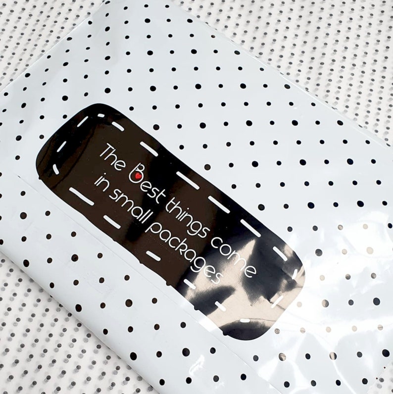 May include: White poly mailer with black polka dots and a black label that says "The Best things come in small packages".
