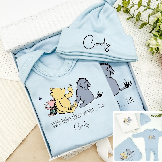 Winnie Boys Hamper | Babygrow Hat Blanket Gift Box | Personalised Coming Home Present Baby Shower Baby Blue Set Outfit