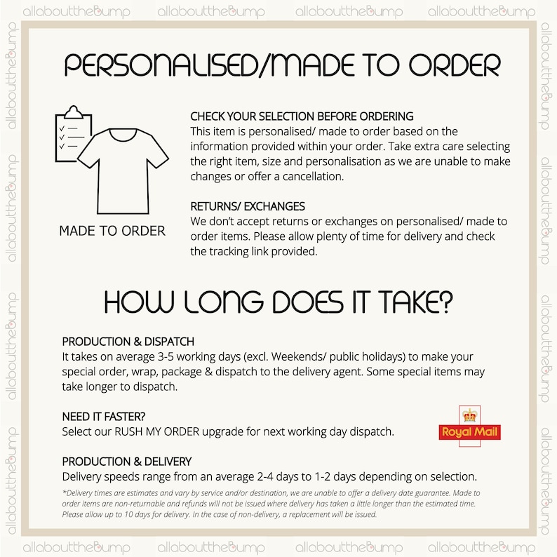 K&ouml;nnte beinhalten: Cremefarbene Grafik mit Text, der Informationen zu personalisierten Bestellungen, R&uuml;cksendungen und Lieferzeiten enth&auml;lt. Enth&auml;lt ein Royal Mail-Logo und ein T-Shirt-Symbol. Der Text lautet "PERSONALISIERT/AUF BESTELLUNG GEFERTIGT."