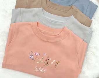 Personalised Wild Flower Cotton T-shirt | Peach | Blue | Brown | Grey | Girl's T-shirt | Kid's T-shirt | Personalised Outfit | Girl's Outfit