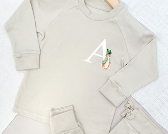 Personalised Rabbit Initial St Patrick's Day | Lightweight Cotton Tracksuit Toddler Girls Boys Unisex Outfit Leggings Trousers T-shirt Kids