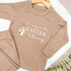 Personalised Ready For Easter Bunny Lightweight Cotton Tracksuit Grey Brown Sand Baby Girl Toddler Outfit Leggings Trousers T-shirt Kids image 2