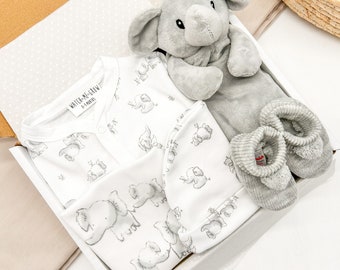 Elephant Bubbles Nuevo bebé unisex regalo envuelto conjunto de ropa con botines grises (Cesta Babygrow niño niña unisex género neutro bebé recién nacido)