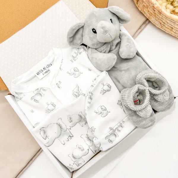 Ensemble de vêtements emballés cadeau unisexe Elephant Bubbles pour nouveau-né avec chaussons gris (Panier bébé garçon fille unisexe bébé nouveau-né neutre en matière de genre)