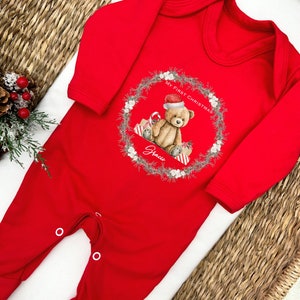 Personalised Christmas Teddy Wreath Red Babygrow Sleepsuit | Babies 1st Xmas Gift | First Xmas | Keepsake | 1st Xmas | Teddy Bear | Present