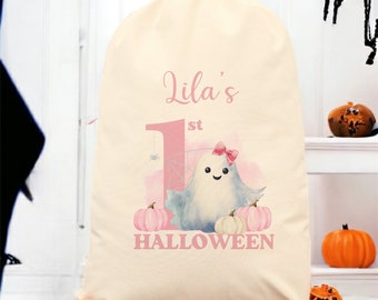 Personalised Pink Ghost Halloween Treat Sack | Trick or Treat Bag Sack Bucket | Goodies Snacks Sweets | First Halloween | Sibling Matching