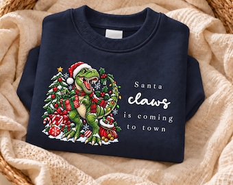 Kids Christmas Jumper | Santa Claws Dinosaur Festive Sweatshirt with Name for Boys Sibling Matching Xmas Sweater
