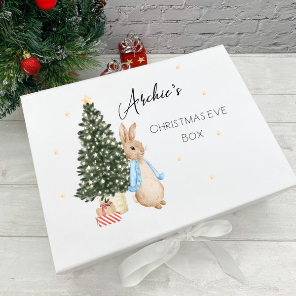 Personalised Blue Rabbit Christmas Eve Box | Children's | First Christmas | Family Xmas Santa | Gift Box | Kid Boy Girl | Xmas Tree | Rabbit