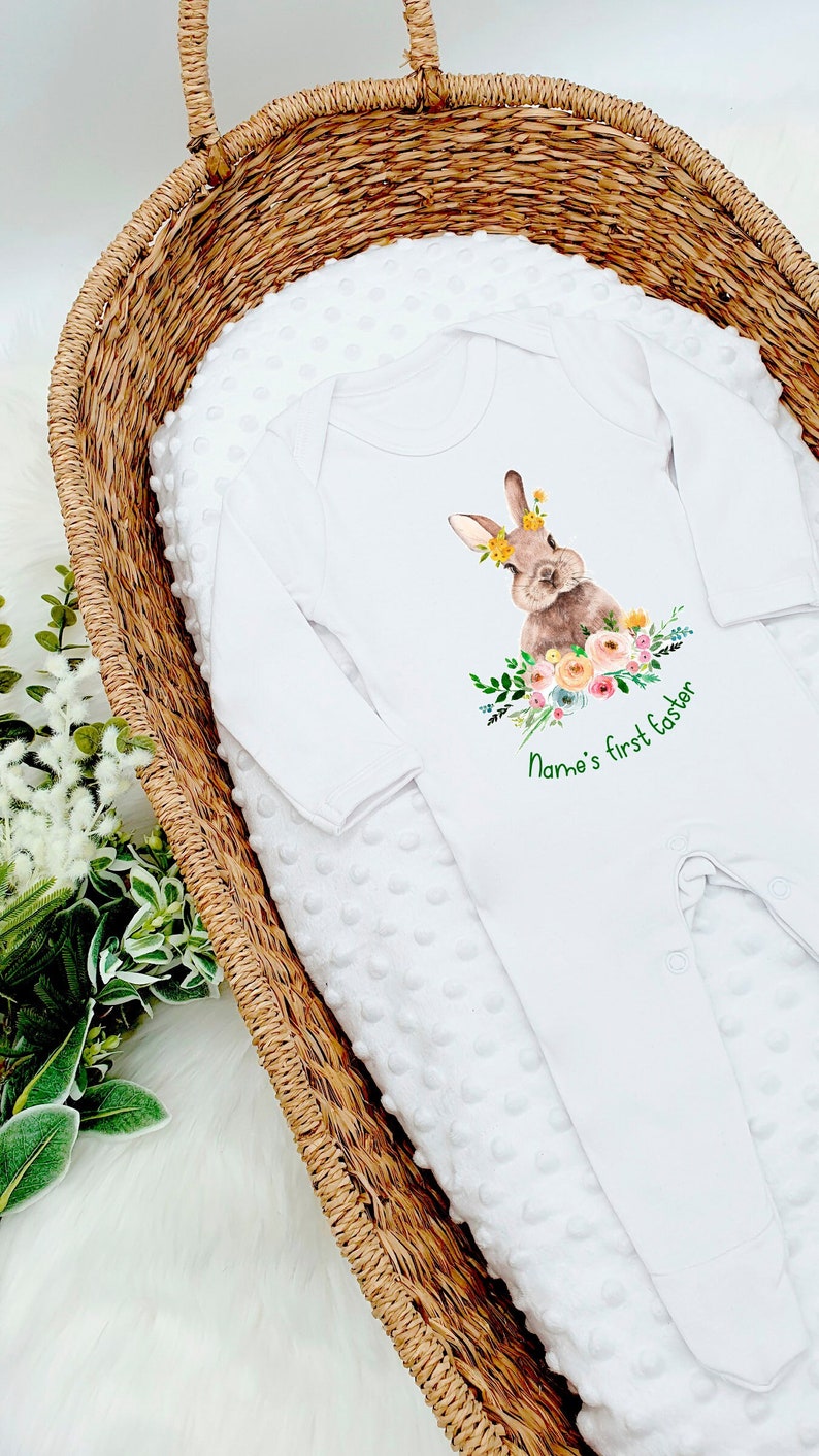 My 1st First Easter Floral Bunny Personalised Baby Vest/ Babygrow (Organic Cotton Option | New Baby Gift | Easter Outfit Gift Rabbit) 