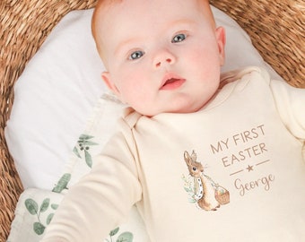 Beige Rabbit My First Easter Beige Babygrow l New Baby | Easter Baby Personalised l New l My First Easter l Rabbit l Baby Girl l Sleepsuit