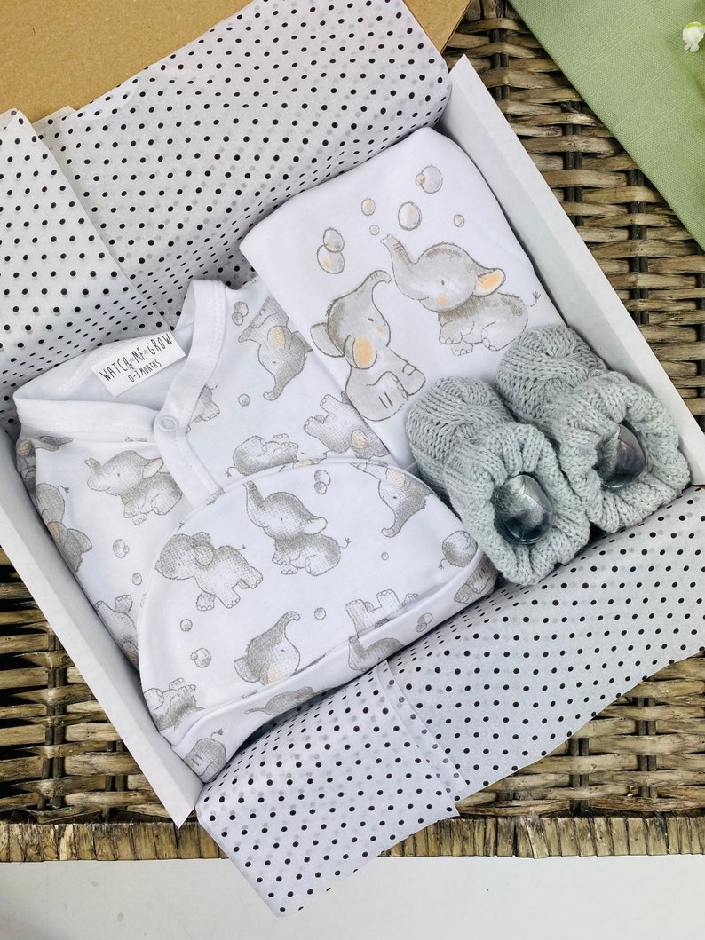 Elephant Bubbles New Baby Unisex Gift Wrapped Clothing Set with Grey Booties Hamper Babygrow Boy Girl Unisex Gender Neutral Baby Newborn image 1