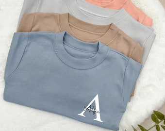 Personalised Script Initial Cotton T-shirt | Peach | Blue | Brown | Grey | Girl's T-shirt | Kid's T-shirt | Unisex Outfit | Boy's T-shirt