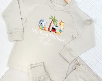 Personalised First Holiday Flight Lightweight Cotton Tracksuit Grey Brown Sand Baby Girl Toddler Girls Outfit Leggings Trousers T-shirt Kids