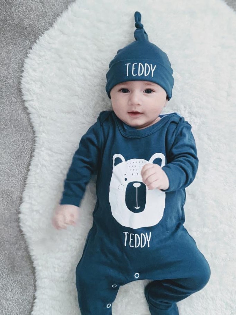 Personalised 100% Organic Cotton Babygrow Bear Babygrow with optional Hat, Blanket | Baby Boy | New Baby | Coming Home | Baby Gift | Newborn 