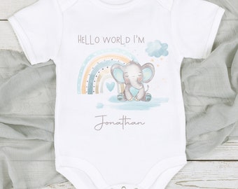 Gepersonaliseerde Hello World Blue Elephant (Babygrow Sleepsuit Vest Romper | Nieuwe babyjongen cadeau | Coming Home Hospital Gift | Nieuwe baby)