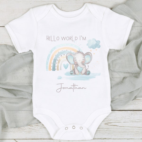 Personalised Hello World Blue Elephant (Babygrow Sleepsuit Vest Bodysuit |  New Baby Boy Gift | Coming Home Hospital Gift | New Baby)