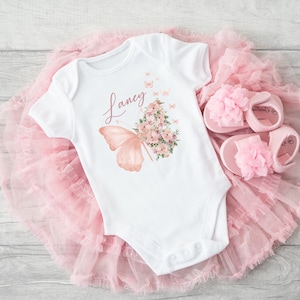 Pink Floral Butterfly Baby Outfit Personalised (Babygrow Sleepsuit Vest Bodysuit |  New Baby Girl Gift | Coming Home Hospital Gift)