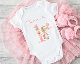 Personalised 1st Birthday Pink Rabbit 1st Birthday Number Outfit Any Age (Baby Vest T-Shirt Bodysuit | First Girls One Today | Gift Wrapped)