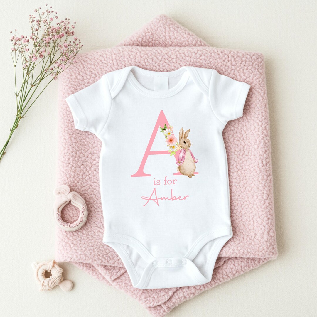 Pink Bunny Pink Initial Baby Outfit Personalised (babygrow