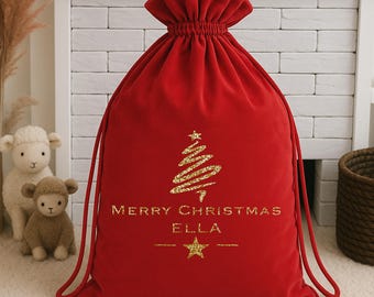 Personalised Red Velvet Christmas Luxury Santa Sack - Merry Christmas 2026 l Family Xmas l 1st First Christmas | Presents | Keepsake Gift)