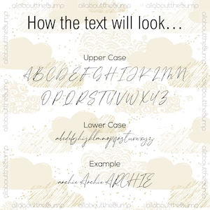 May include: A digital image showing a font style with uppercase and lowercase letters. The font is a handwritten style with a light brown color. The text "How the text will look..." is at the top of the image. The text "Upper Case" is above the uppercase letters. The text "Lower Case" is above the lowercase letters. The text "Example" is above the word "archie" written three times in different sizes.
