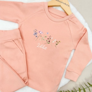 Wild Flower Lightweight Cotton Tracksuit | Peach Sand | Baby Girl Toddler Girls Outfit Leggings Trousers Personalised T-shirt Kids