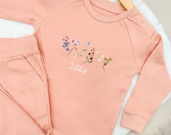 Wild Flower Lightweight Cotton Tracksuit | Peach Sand | Baby Girl Toddler Girls Outfit Leggings Trousers Personalised T-shirt Kids