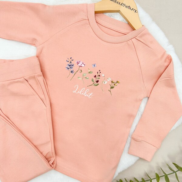 Wild Flower Lightweight Cotton Tracksuit | Peach Sand | Baby Girl Toddler Girls Outfit Leggings Trousers Personalised T-shirt Kids