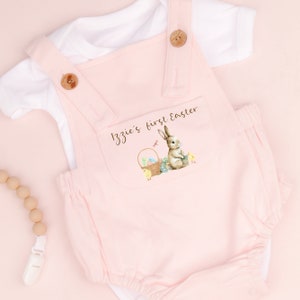 Personalised My First Easter Pink Dungarees | New Baby Girl Gift Present | Bodysuit Romper Vest | Outfit | Baby Shower | Summer Newborn Gift