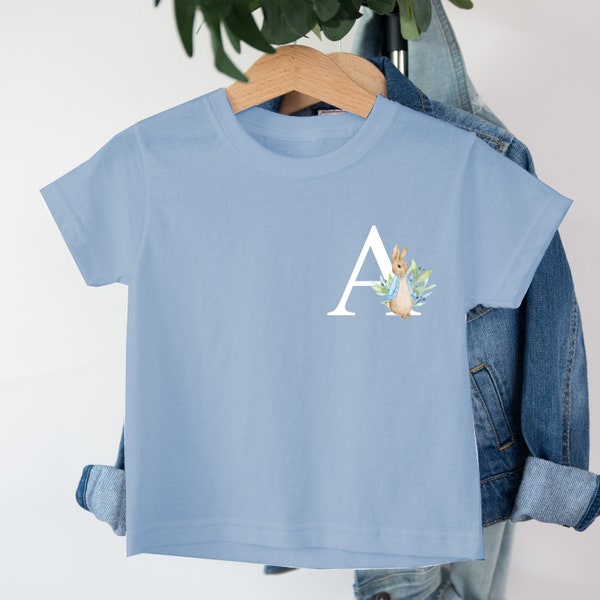 Personalised Blue Rabbit Initital Cotton T-shirt | Peach | Blue | Brown | Grey | Kid's T-shirt | Personalised Outfit | Unisex Outfit