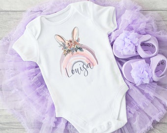 Personalised Bunny Rainbow Easter Baby Vest | With optional pink tutu | First Easter Bodysuit Vest Sleepsuit | Outfit | Hunt Bunny Eggs Girl