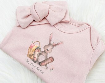 Gris - Rose lapin rose - Combishort l Nouveau bébé | Pâques bébé personnalisé l Nouveau bébé l Mes premières Pâques l Lapin l Bébé fille l Dors-bien 1er