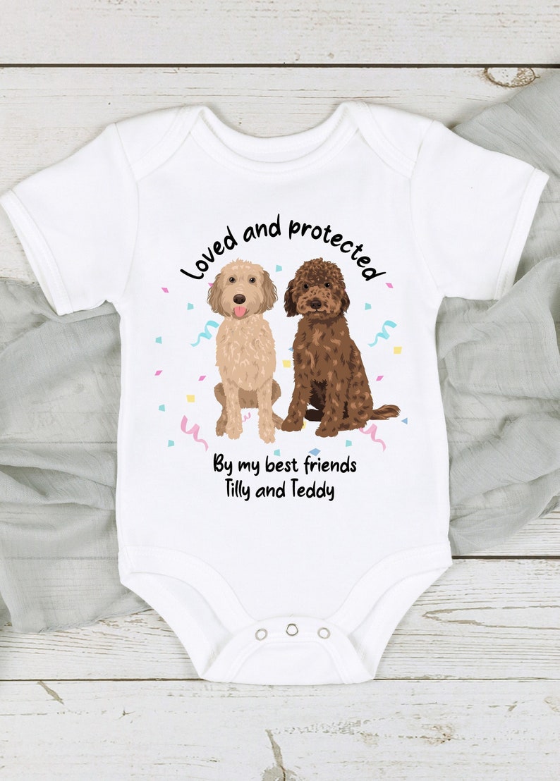 Personalised Loved and Protected By Dogs 140 Dog Types Babygrow Sleepsuit Vest Bodysuit New Baby Boy Gift Gift New Baby Dog Owner Dog Graphic