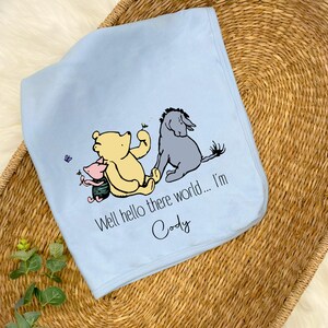 May include: A light blue baby blanket with Winnie the Pooh, Piglet, and Eeyore. The blanket has the text "Well hello there world... I'm Cody" printed on it.