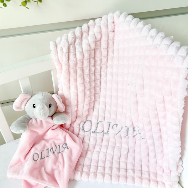 Personalised Embroidered Pink Blanket | Pink Elephant Comforter | Blanket Comforter & Booties Gift Set (Baby Girl Babyshower Gift Newborn)