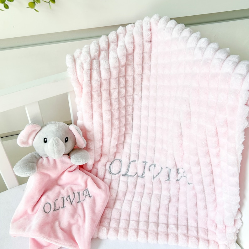 Personalised Embroidered Pink Blanket Pink Elephant Comforter Blanket Comforter & Booties Gift Set Baby Girl Babyshower Gift Newborn image 1