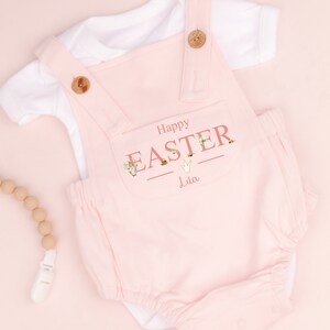 Personalised Happy Easter Pink Dungarees | New Baby Girl Gift Present | Bodysuit Romper Vest | Outfit | Baby Shower | Summer | Newborn Gift