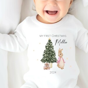 My First Christmas 2023 Pink Rabbit Personalised Baby Outfit (Bib | Vest | Babygrow) Children Kids Festive l Babys First Xmas Gift Present