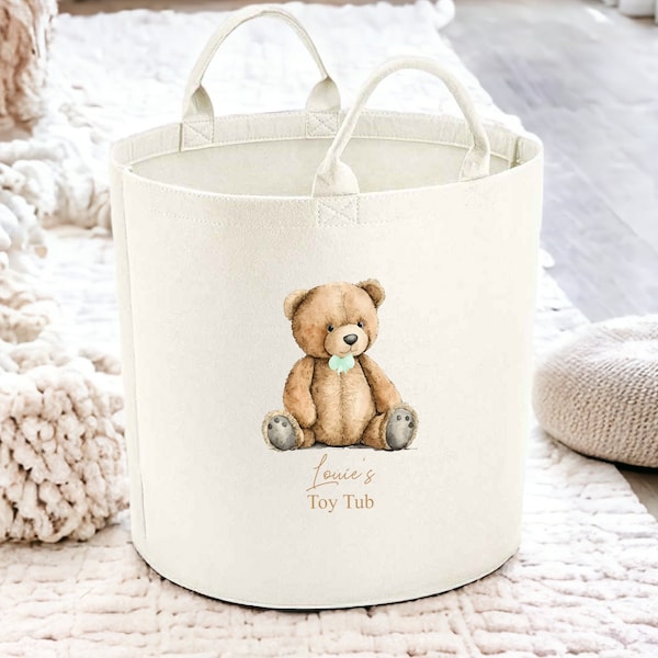 Personalised Green Teddy Bear Toy Tub | Toy Box Baby Gift | Baby Shower Present | Unisex Storage Basket | Nursery Unisex Gender Neutral