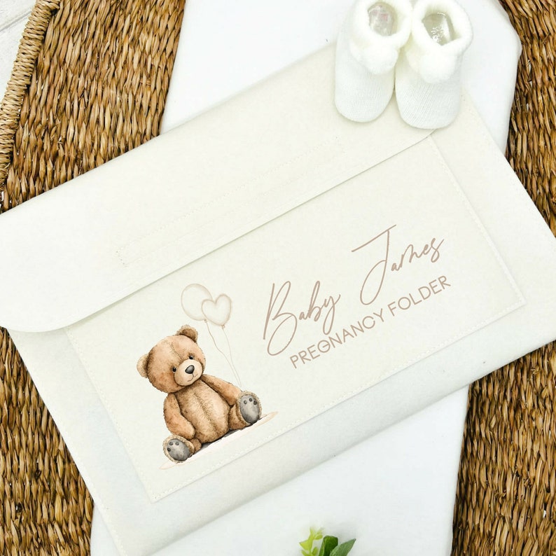 Personalised Teddy Bear Pregnanacy/Maternity Notes folder New Baby Rainbow baby IVF Journey Document Folder Cream Folder image 1
