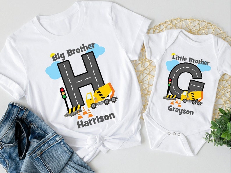 Little Brother Big Brother Digger Set, Matching T-shirts, Kids T-shirts, Announcement Tops, Cute Outfits, Siblings, Vest, T-shirt, Brother image 2