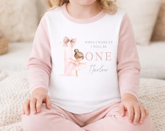 Girls Birthday Pyjamas Pink Ballerina Bow When I Wake Up I Will Be Personalised Child Name and Age 1st 2nd 3rd 4th Bday Pajamas PJs **