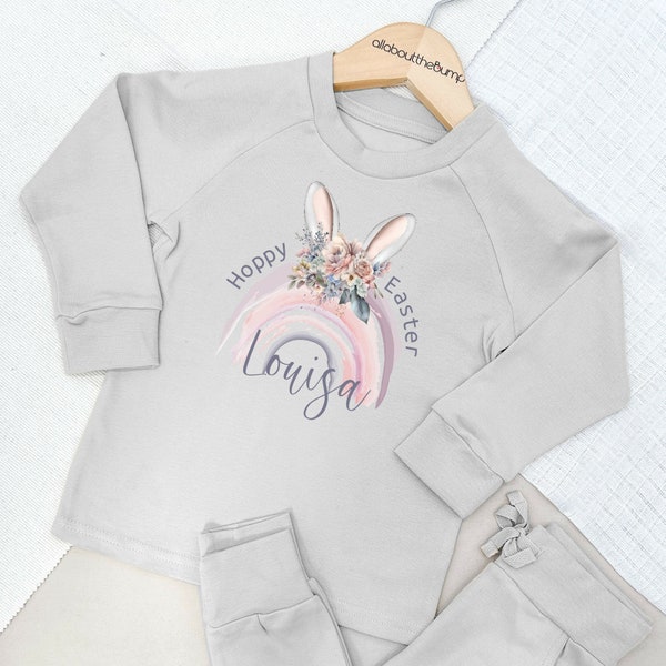 Personalised Hoppy Easter Lightweight Cotton Tracksuit | Grey Brown Sand Baby Girl Toddler Girls Outfit Leggings Trousers T-shirt Kids